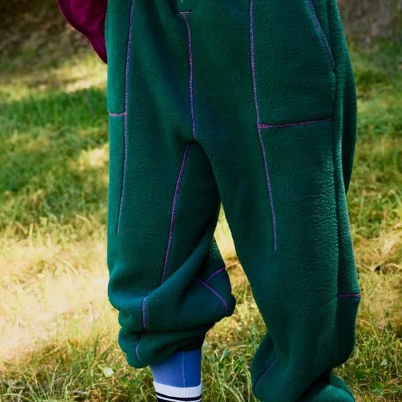 Free People Hit The Slopes Fleece Jumpsuit Emerald Green Pink Zipper - Picture 5 of 8